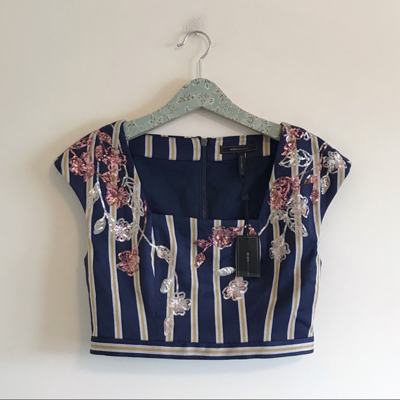 BCBGMaxAzria Tops - BCBGMaxAzria NWT Striped Floral-Sequined Crop Top